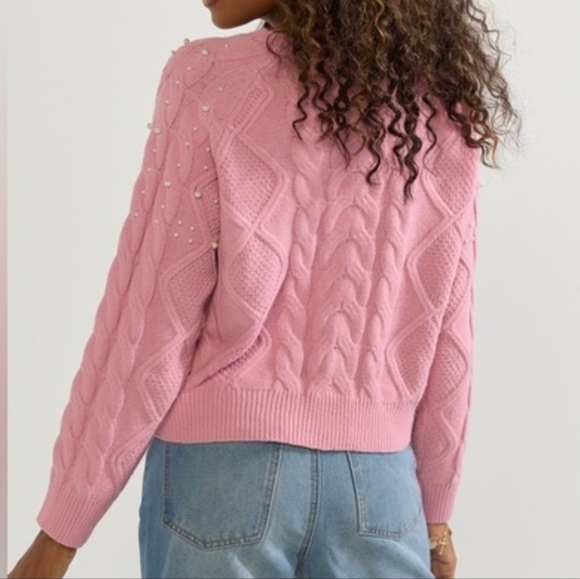 NWT Pink Pearl Embellished Boxy Fit Crewneck Knit Sweater by Francesca's. - Picture 8 of 13